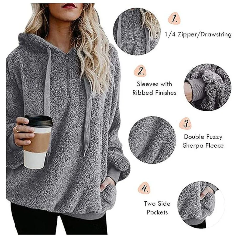 Women's Fuzzy Hoodies Sport Pullover Hoodie Wine Red - Picture 6 of 7